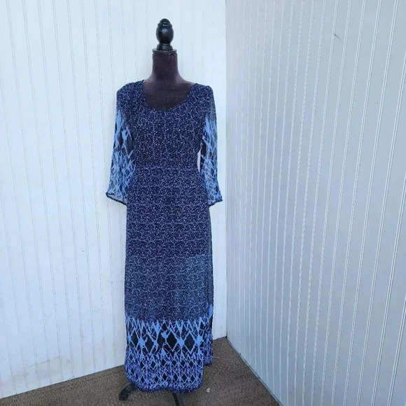 Angie Blue Maxi Dress Long 3/4 Sleeve Smocked Waist Juniors Sheer Sz L - Picture 1 of 14
